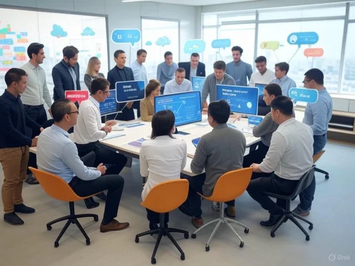 A diverse group of professionals attends a collaborative meeting in a bright modern office with multiple digital screens.