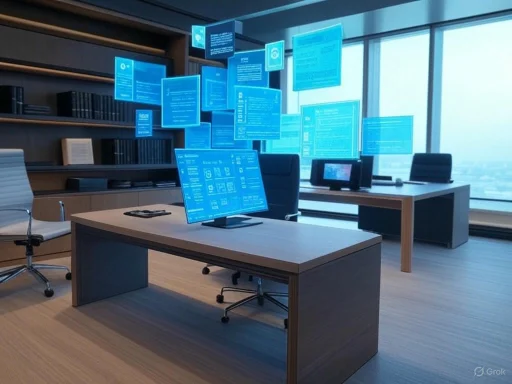 A modern office with multiple floating digital screens and desks by large windows, suggesting advanced tech integration.