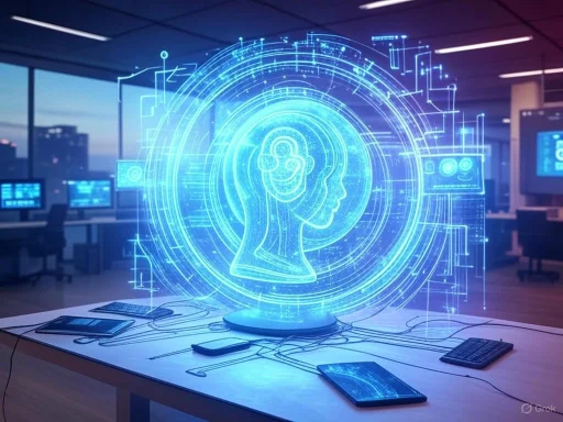 A digital hologram of a human head with headphones appears over a desk in a modern control room or office.