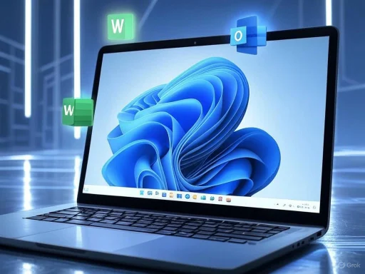 A laptop displaying a Windows desktop with floating icons for Microsoft Word. A laptop displaying a Windows desktop with floating icons for Microsoft Word.