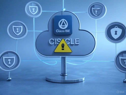 Central cloud icon labeled 'CISCO ISE' with a warning sign, surrounded by security shield symbols, indicating cybersecurity alert.