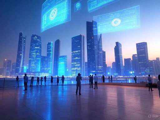 People observe a futuristic digital cityscape projected on tall skyscrapers at dusk.