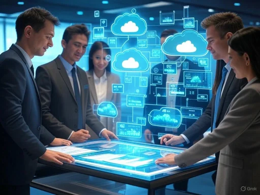 Business professionals interacting with a holographic digital cloud computing interface.