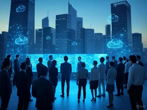 Business professionals attend a virtual cloud computing presentation in a cityscape at dusk.