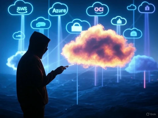 A hooded person using a smartphone surrounded by digital clouds with cloud service logos and padlock icons.