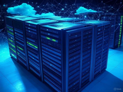 A digital data center or server farm with multiple high-tech server racks in a futuristic, interconnected network environment. A digital data center or server farm with multiple high-tech server racks in a futuristic, interconnected network environment.