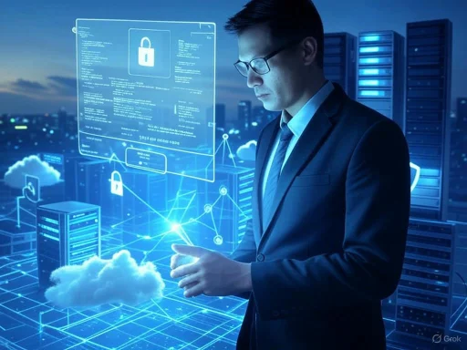 A businessman in a suit uses a smartphone with digital security icons and data overlays in a futuristic tech environment.