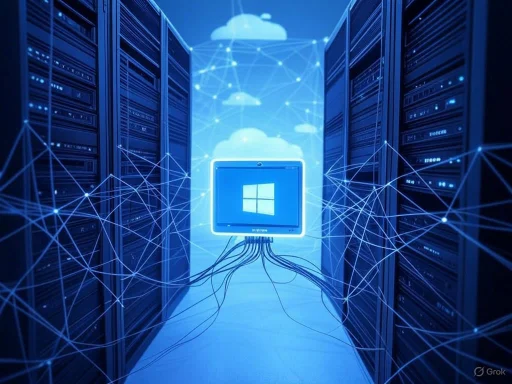 A digital depiction of cloud computing and networking with servers, a Windows computer, and cloud icons connected by data lines.