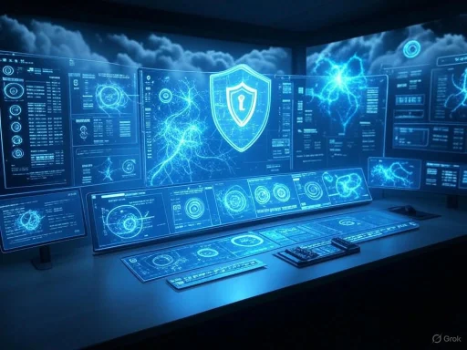 A high-tech cybersecurity command center with multiple digital screens displaying data, alerts, and protective shield graphics.