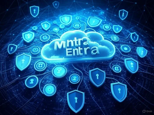 Cloud hosting with security shields surrounding the words 'Mantra Entra' representing cyber security.