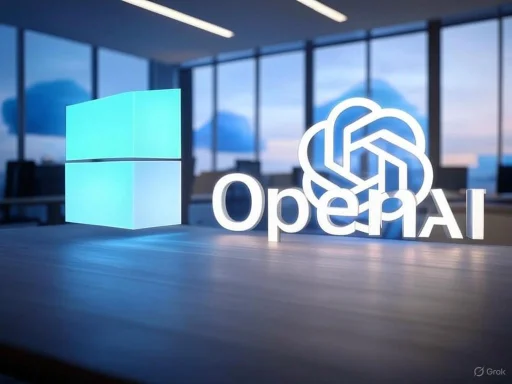 The image features the Microsoft and OpenAI logos on a table in a modern office with large windows. The image features the Microsoft and OpenAI logos on a table in a modern office with large windows.