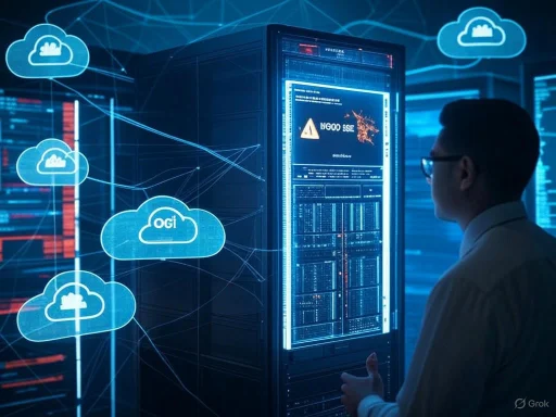 A cybersecurity expert monitors a large digital screen displaying network data and warning alerts amid cloud computing graphics.