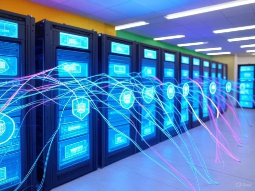 Server racks with digital graphics and glowing lines representing data transfer in a data center.