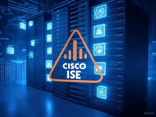 A data center with a Cisco ISE logo in front, surrounded by illuminated icons representing cybersecurity and network management.