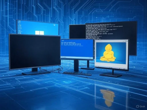 Multiple monitors display coding and a Buddha image against a digital, futuristic background.