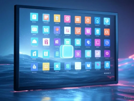 A digital tablet displaying various colorful app icons on a dark, futuristic background.