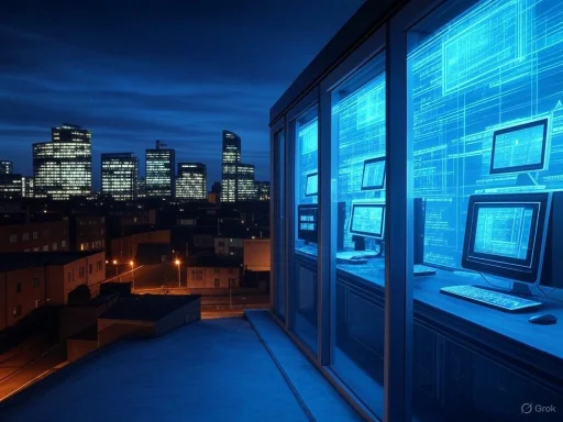 Data center with multiple computer screens displaying blueprints, overlooking a city skyline at night.