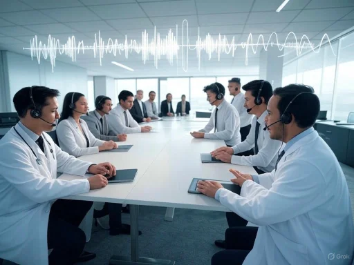 Medical professionals in a conference room are engaged in a discussion, with a sound wave graphic overlaid above.