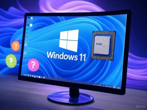 A computer screen displays Windows 11 with an Intel processor chip nearby, set against a colorful abstract background.