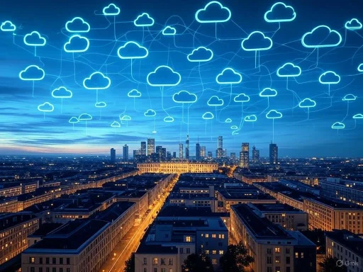 Neon cloud icons connect over a city skyline at dusk, illustrating cloud computing and digital connectivity.