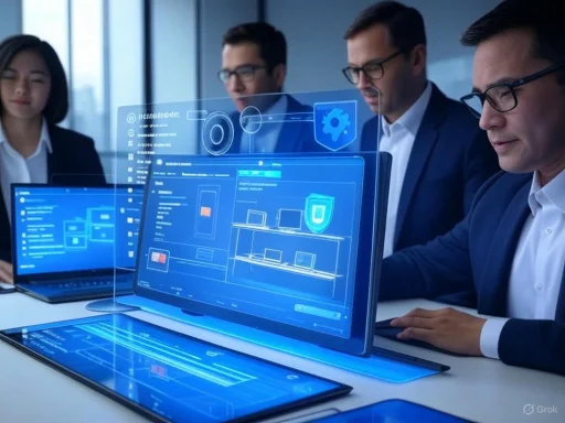 Business professionals collaborate around digital screens displaying cybersecurity and technology interface concepts.