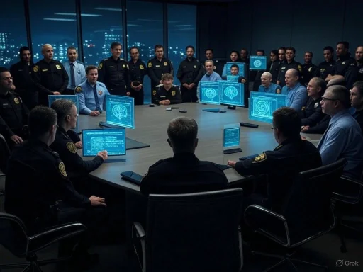 Law enforcement officers and officials gather around a conference table in a high-tech briefing room.