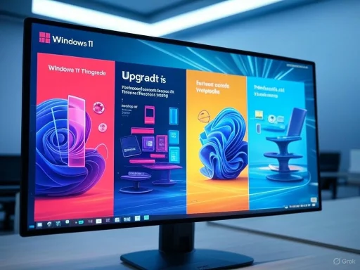 A computer monitor displaying a colorful Android-themed presentation slide with the title 'Windows 11'. A computer monitor displaying a colorful Android-themed presentation slide with the title 'Windows 11'.