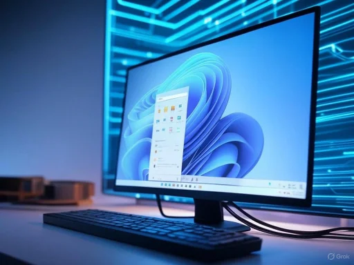 A computer setup displaying a futuristic Windows 11 interface with a sleek monitor and keyboard, illuminated by blue LED lighting.