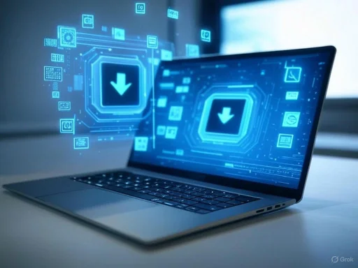 Digital download icon with data transfer graphics displayed on a laptop screen.
