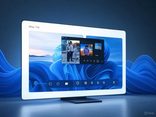 A computer screen displays multiple overlapping images of a person outdoors with a blue wave background.