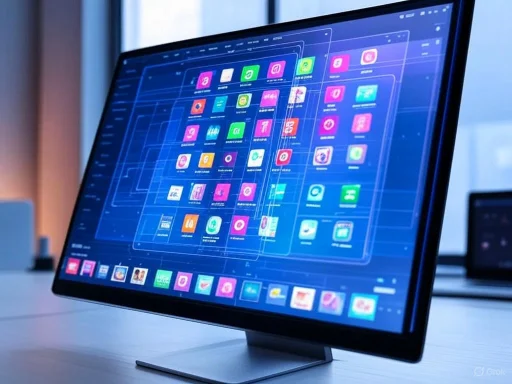 A computer monitor displays a colorful, futuristic interface with numerous app icons arranged in a grid.