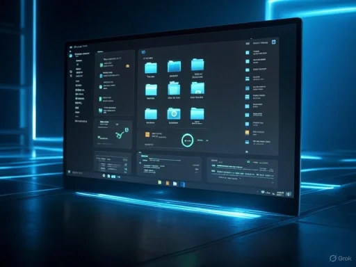 A computer monitor displays a dark-themed file management interface with blue folder icons on a futuristic, glowing desk.