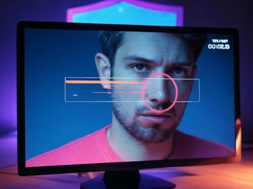 A man’s face is displayed on a monitor with futuristic HUD elements and a colorful background.