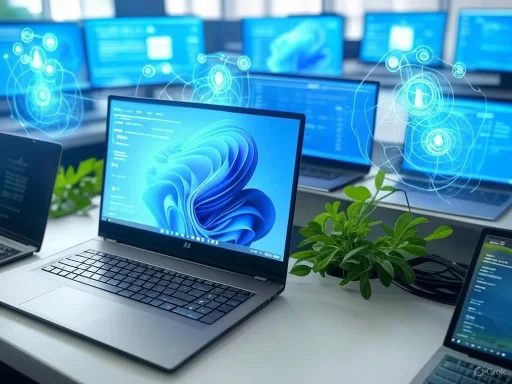 Multiple laptops displaying blue digital interfaces with holographic tech visuals in a modern office setting.