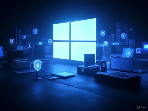 Multiple laptops surround a large illuminated Windows logo, with digital security icons in a futuristic, tech-themed setting.