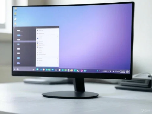 A computer monitor displaying a desktop with a purple gradient background on a white desk. A computer monitor displaying a desktop with a purple gradient background on a white desk.