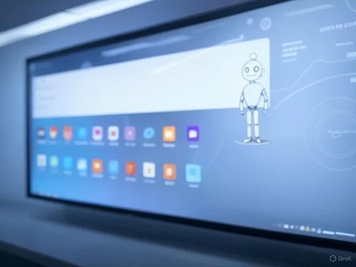 A digital interface on a screen displaying various app icons and a cartoon robot character.