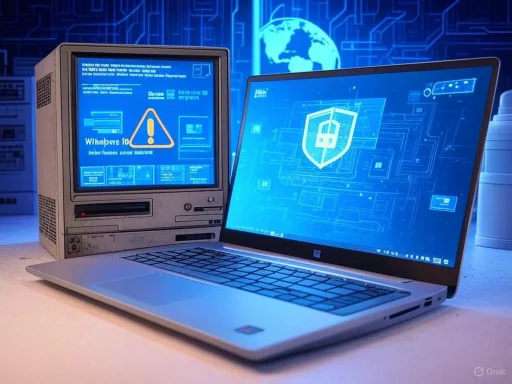 A vintage computer and modern laptop display cybersecurity alert and shield icons in a digital theme.