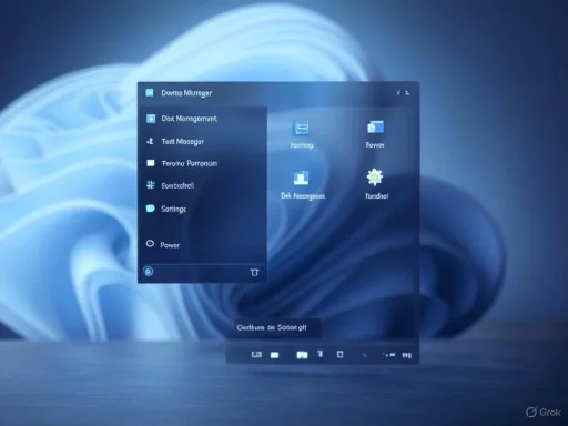 The image shows a computer screen displaying a dark blue interface with various menu options and icons in a stylized background.