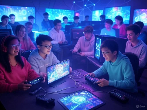 A group of teenagers playing video games in a futuristic gaming room with neon lights and multiple screens.