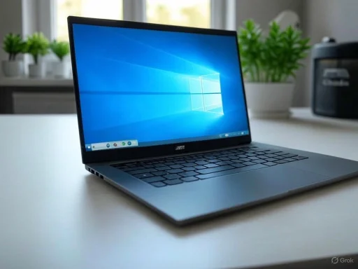 A sleek Acer laptop displaying the Windows 10 desktop, placed on a white desk with green potted plants in the background. A sleek Acer laptop displaying the Windows 10 desktop, placed on a white desk with green potted plants in the background.