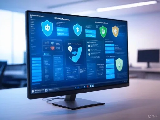 A computer monitor displaying a cybersecurity or data protection dashboard with various shield icons.