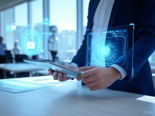 A person in business attire uses a tablet with digital security graphics in a modern office setting.