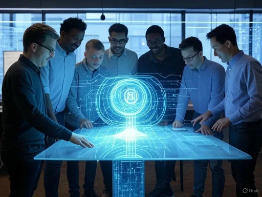 Group of diverse professionals discussing a futuristic digital hologram in a high-tech meeting room.