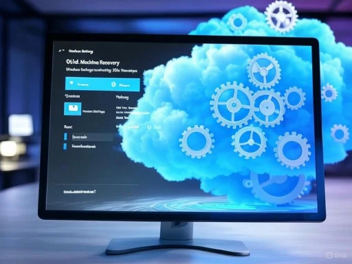 A computer monitor displaying a cloud with gears, illustrating cloud computing or machine recovery processes.