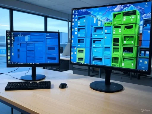 Two computer monitors display images of colorful storage crates, set up on a desk in an office with large windows. Two computer monitors display images of colorful storage crates, set up on a desk in an office with large windows.