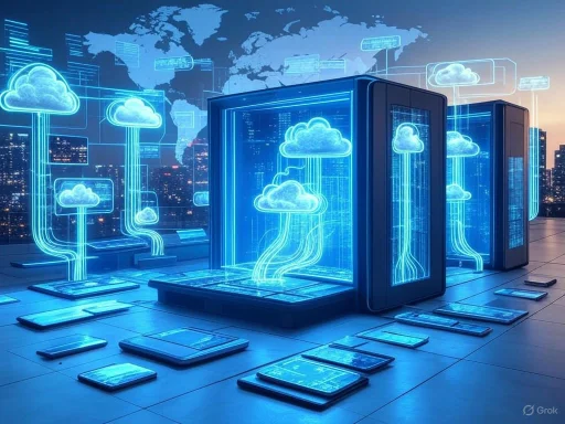 Cloud data servers with holographic cloud icons and digital connections, set against a city skyline background.