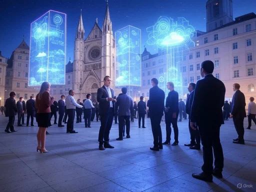 People stand in front of digital holographics of clouds and technology in a historic city square at night.