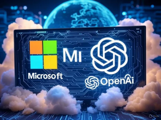 The image features a digital representation of a circuit board with logos of Microsoft, ChatGPT, and OpenAI, surrounded by clouds and a globe background.