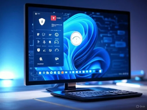 A modern desktop computer displaying a security or monitoring software interface with various icons and a blue-themed background. A modern desktop computer displaying a security or monitoring software interface with various icons and a blue-themed background.